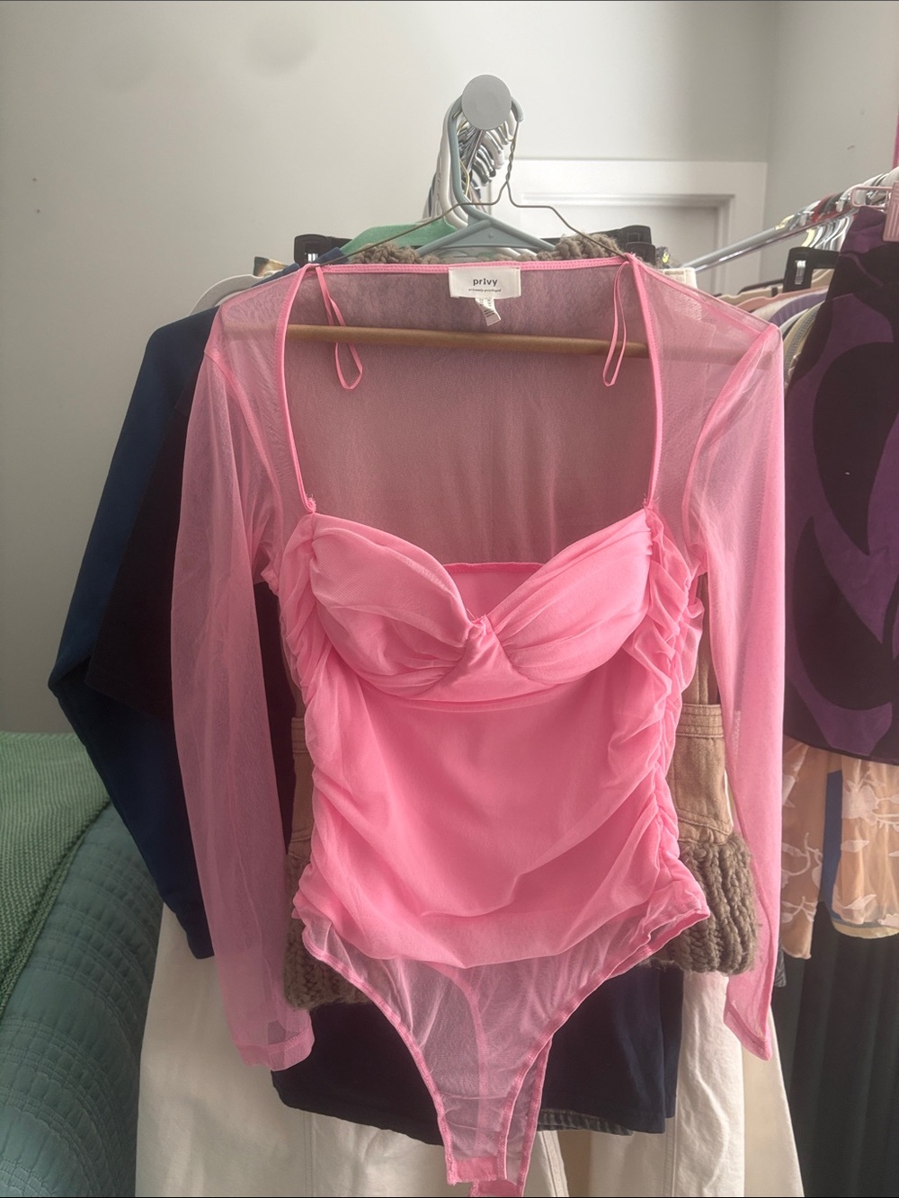 privy Pink Sheer Mesh Long Sleeve Bodysuit